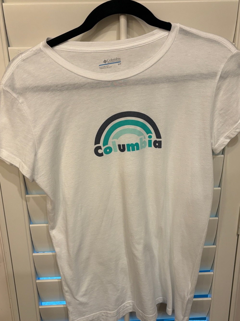 Columbia White Tee with Navy & Aqua Rainbow Logo